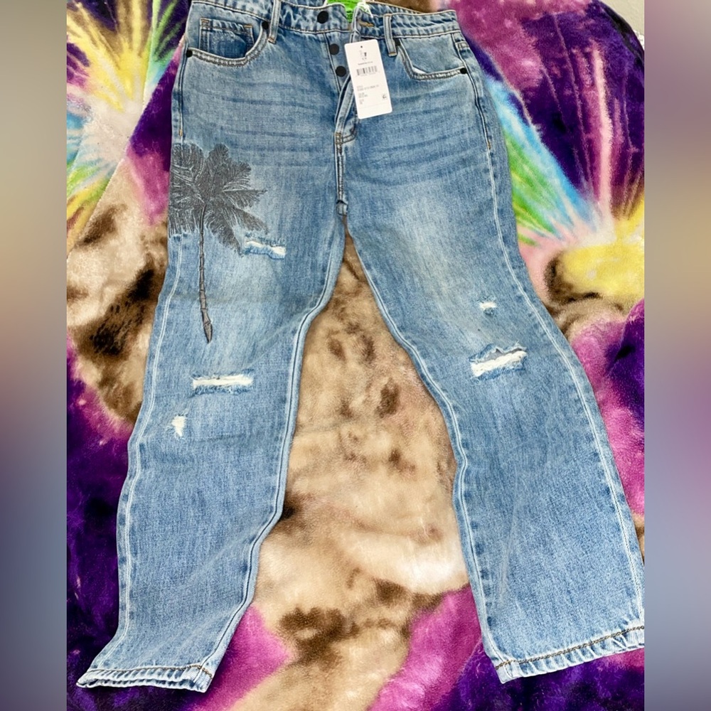 Free People Blue Straight Leg Jeans with Distressed Details